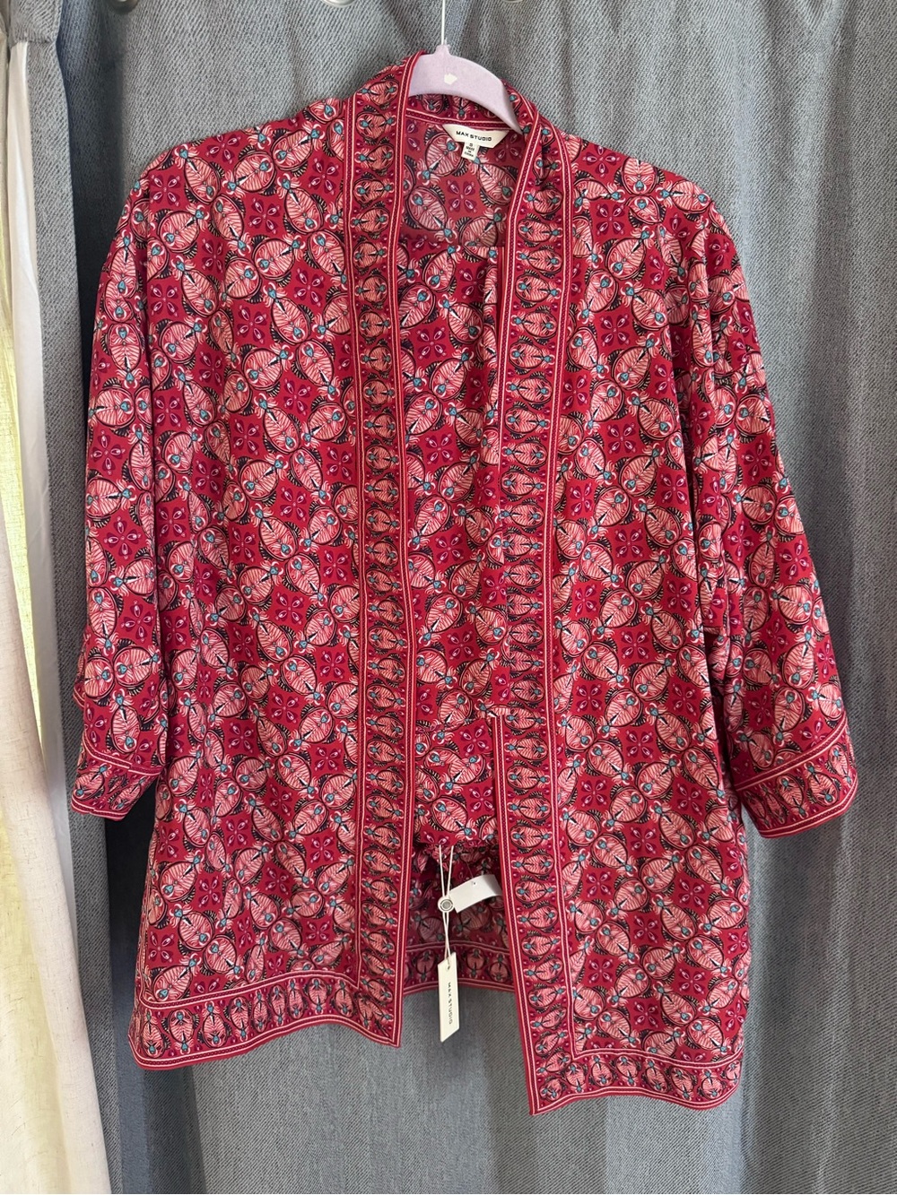 Max Studio Red Printed Open-Front Kimono and Matching Pant Set
